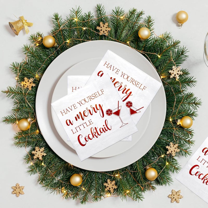LeZakaa 50Pcs Christmas Cocktail Napkin, Have Yourself a Merry Little Cocktail Red Gold Foil Design, 3-Ply Dinner Napkins Square Disposable Guest Paper, Table Décor and Party Supplies, 6.5 x 6.5In - Image 2